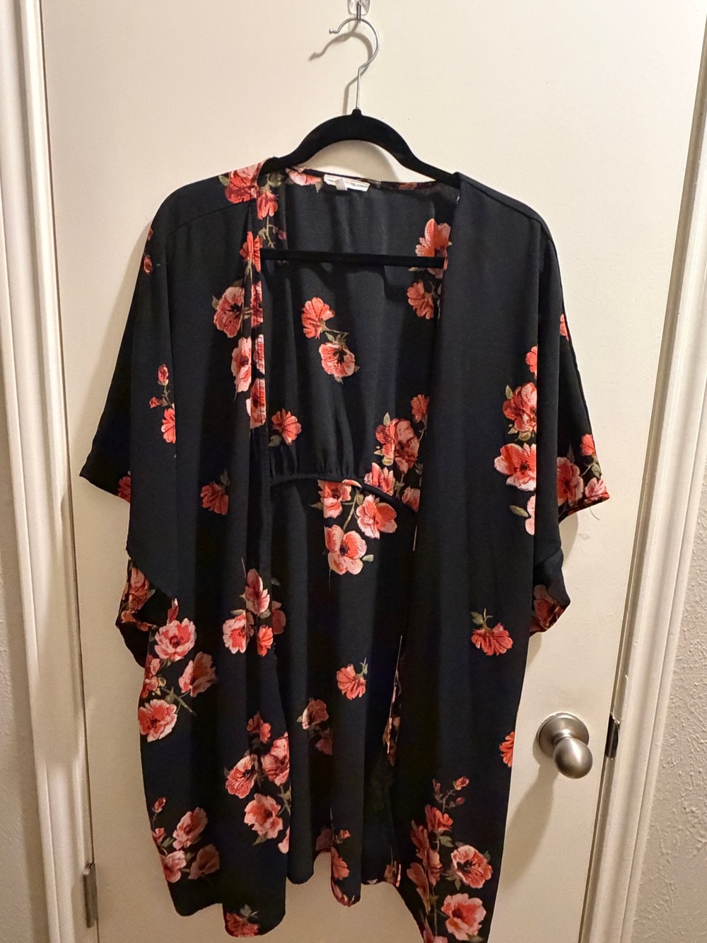 Plus Size Maurice’s Floral Open-Front Kimono - Black with Pink Floral Print